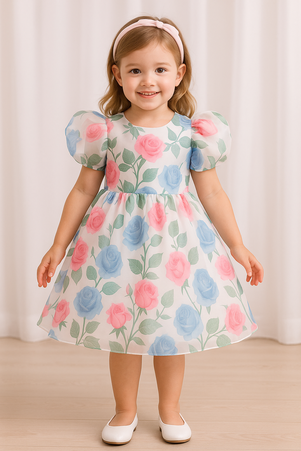 Baby Frock for Girls – Floral Organza Puff Sleeve Party Dress