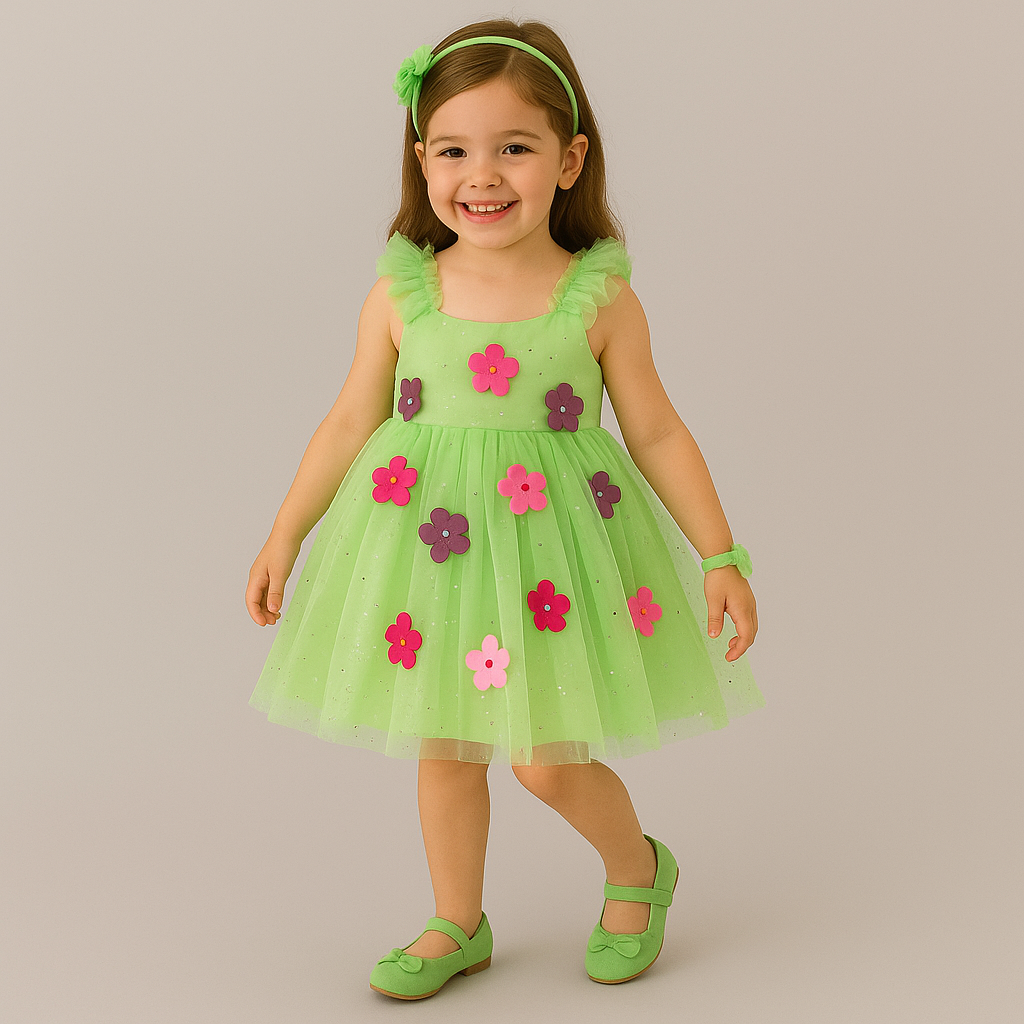 Cutedoll Parrot Sparkle Flower Pattern Kids Party Frock Dress