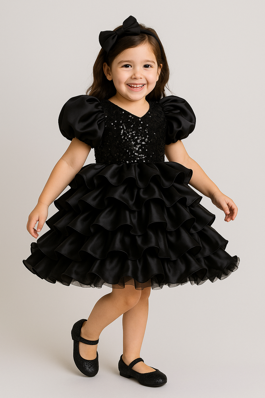 Elegant Black Sequin Ruffle Dress for Girls – Perfect Kids Special Occasion Dress with Puff Sleeves and Tiered Skirt