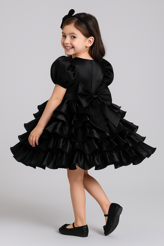 Elegant Black Sequin Ruffle Dress for Girls – Perfect Kids Special Occasion Dress with Puff Sleeves and Tiered Skirt