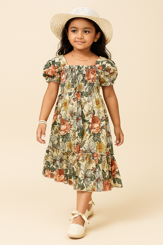 Girls Vintage Floral Dress – Puff Sleeve Smocked Cotton Dress for Toddlers & Little Girls – Garden Party Outfit for Spring & Summer
