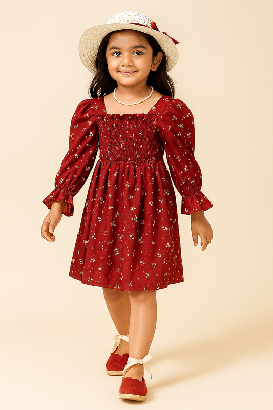 Girls Red Long Sleeve Dress with Smocked Bodice – Toddler to Little Girl Floral Party Dress with Bow – Holiday & Special Occasion Outfit