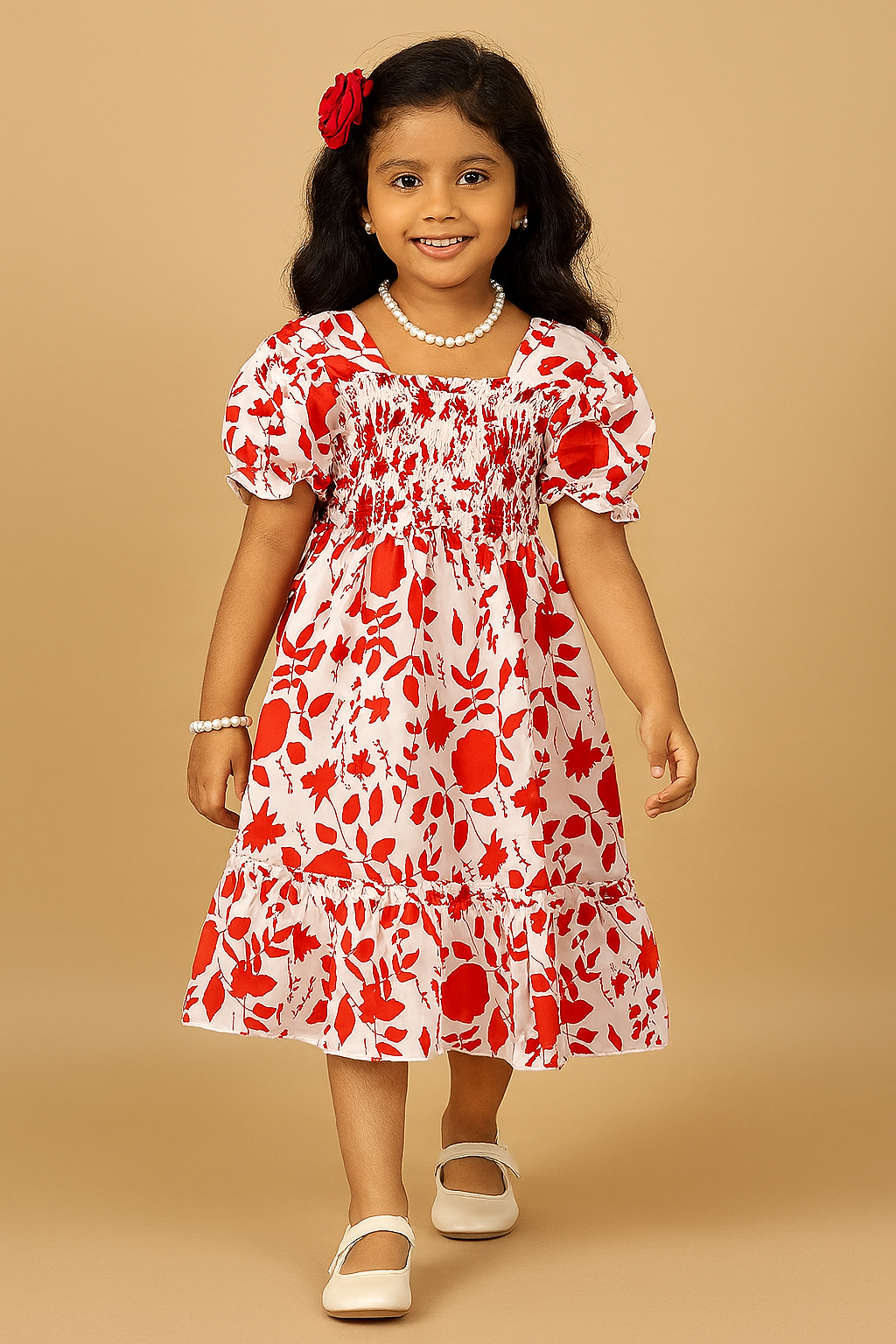 Girls Red Floral Dress – Long Sleeve Smocked Cotton Dress for Toddlers & Little Girls – Tiered Party Outfit for Spring, Summer & Special Occasions