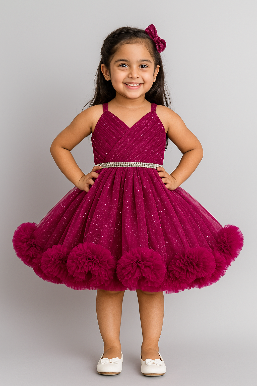 Pink Glitter Net Frock for Girls – Sleeveless Knee-Length Party Dress with Rhinestone Belt