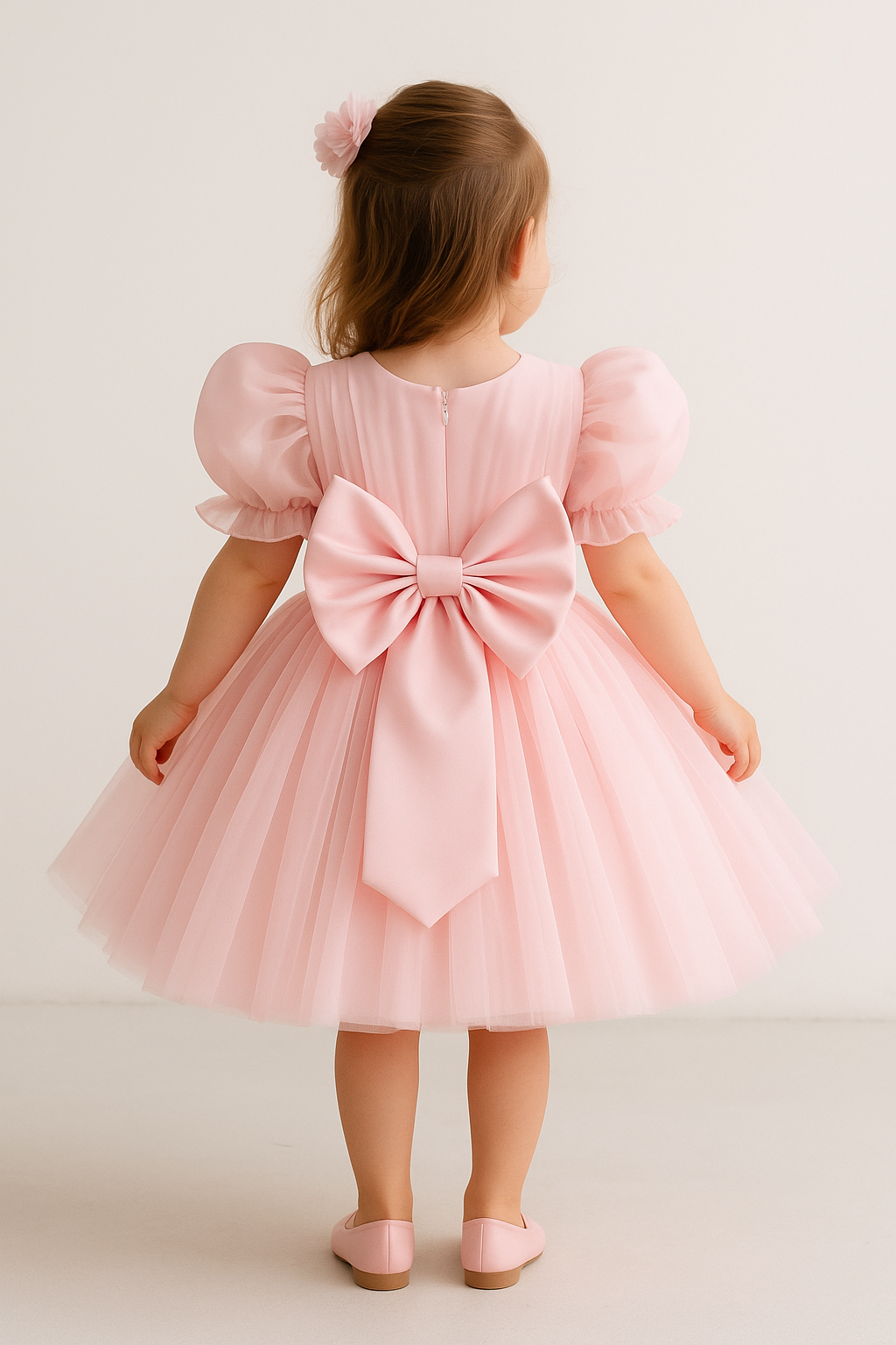 New Baby Frock – Elegant Pink Tulle Dress with Puff Sleeves for Toddlers, Perfect for Special Occasions and Parties