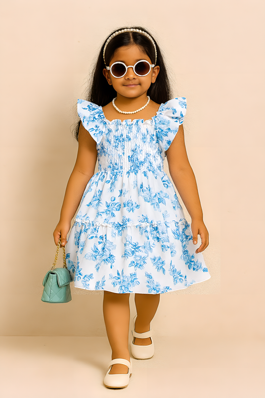 Girls Blue Floral Dress – Ruffle Sleeve Smocked Cotton Sundress for Toddlers & Little Girls – Summer Twirl Party Outfit