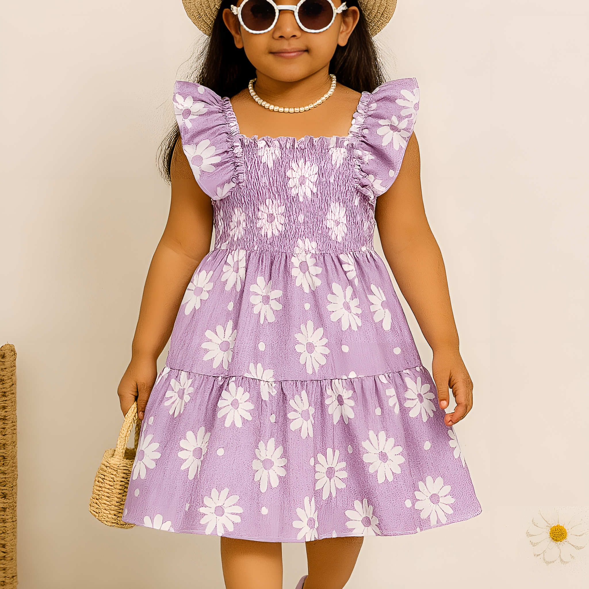 Girls Purple Daisy Dress – Toddler & Little Girl Smocked Sundress with Ruffle Sleeves – Summer Floral Cotton Outfit