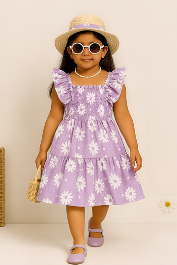Girls Purple Daisy Dress – Toddler & Little Girl Smocked Sundress with Ruffle Sleeves – Summer Floral Cotton Outfit