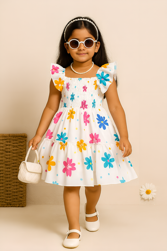 Girls Colorful Flower Dress – Ruffle Sleeve Smocked Sundress for Toddlers & Little Girls – Bright Summer Party Outfit