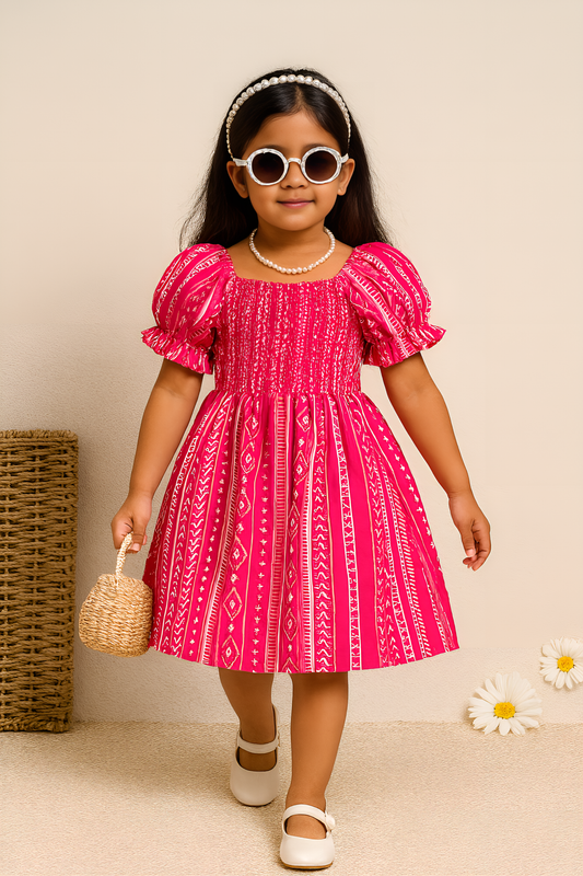Girls Pink Tribal Print Smocked Dress – Boho Puff Sleeve Cotton Sundress for Toddlers & Little Girls, Summer Casual or Party Outfit