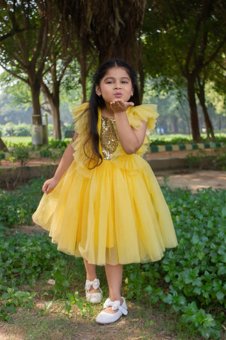 Cutedoll Yellow Color Net Partywear Kids Girl Dress