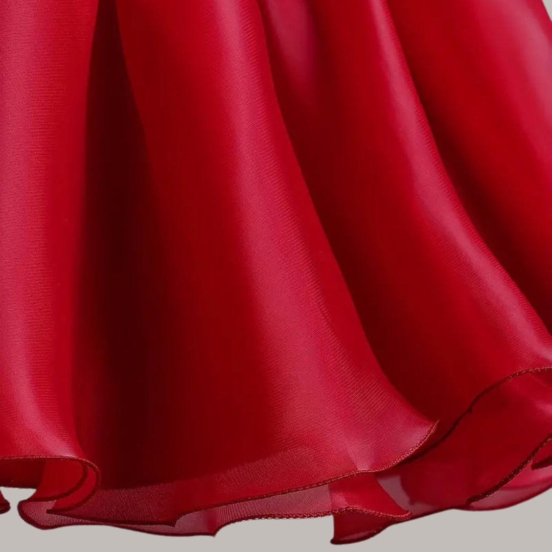Cutedoll Red Silk Puffy Sleeve Round Neck Toddler Girls Dress