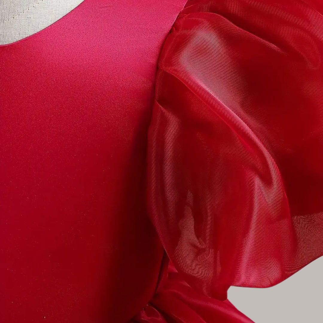 Cutedoll Red Silk Puffy Sleeve Round Neck Toddler Girls Dress