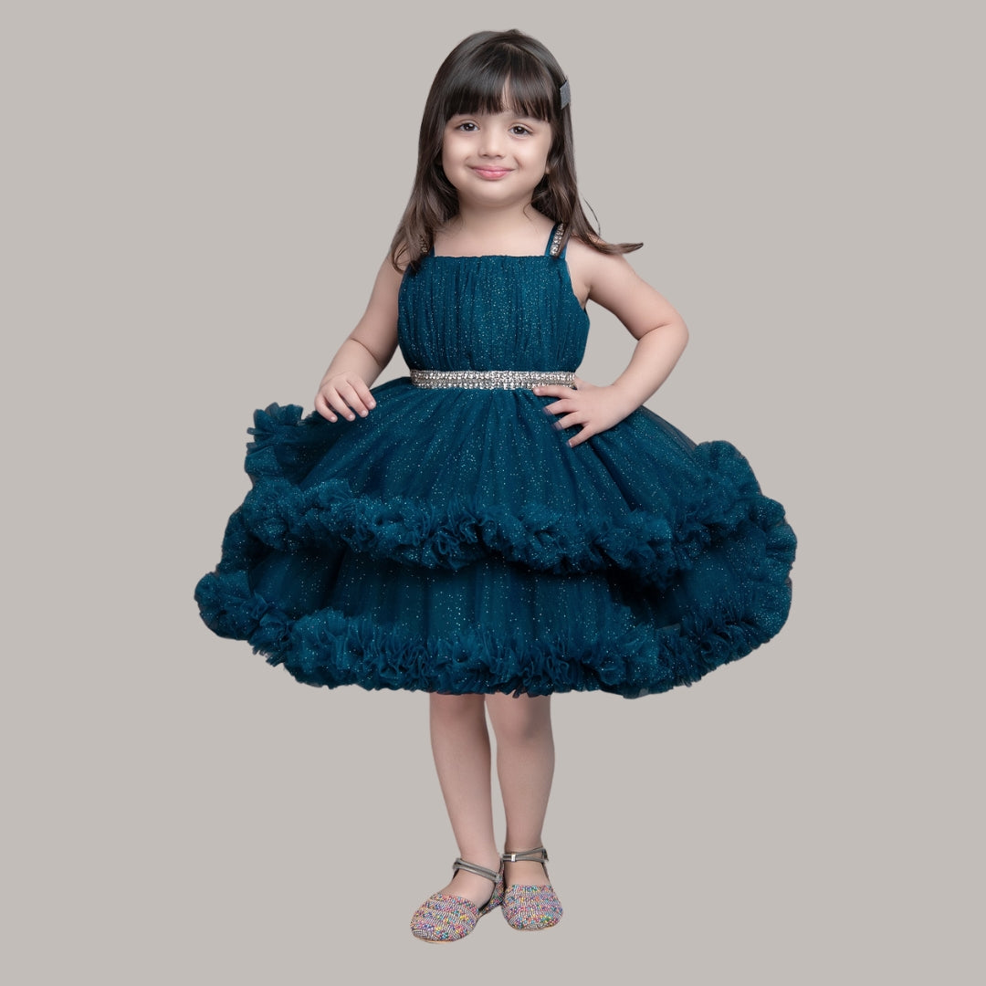 Teal Baby Girl Dress with Sparkling Belt and Ruffled Tulle Skirt – Perfect for Special Occasions