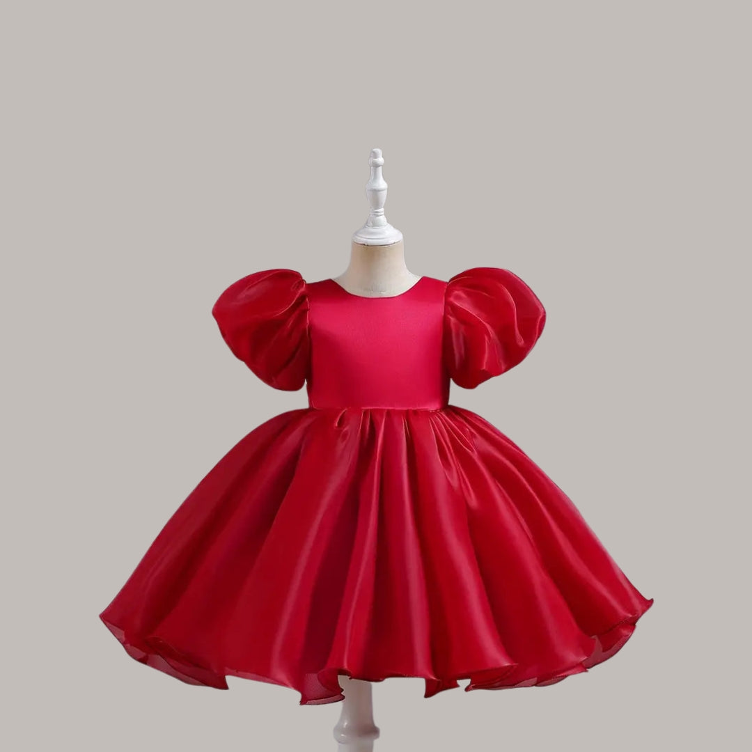 Cutedoll Red Silk Puffy Sleeve Round Neck Toddler Girls Dress