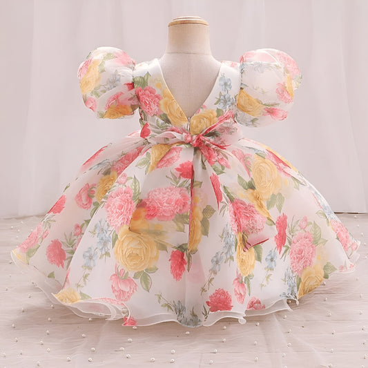 Multicolor Floral Baby Frock – Puffy Sleeve Knee-Length Organza Dress for Girls
