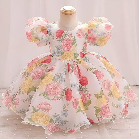 Multicolor Floral Baby Frock – Puffy Sleeve Knee-Length Organza Dress for Girls