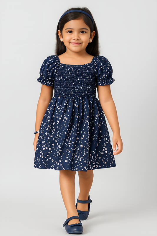 Girls Navy Blue Floral Dress – Puff Sleeve Smocked Cotton Dress for Toddlers & Little Girls – Summer Party Outfit