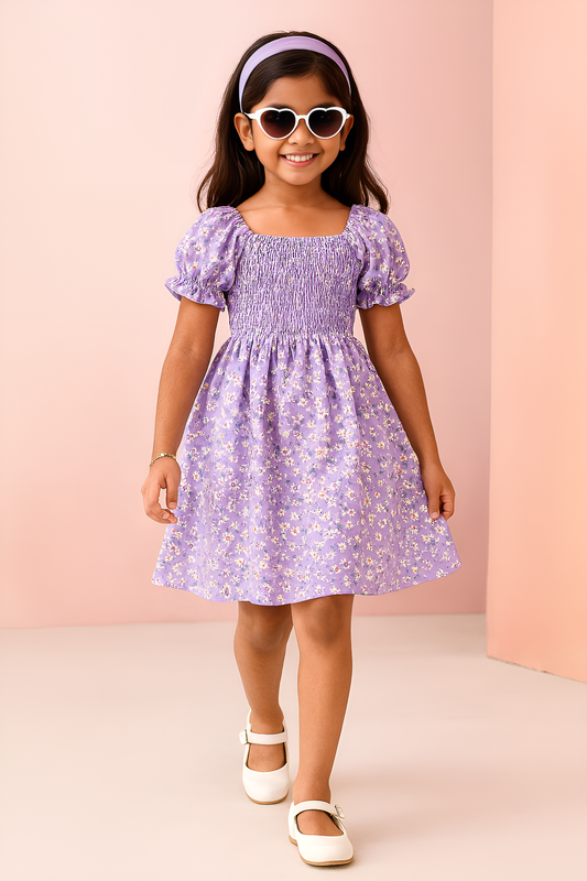 Girls Lavender Floral Dress – Toddler & Little Girl Smocked Puff Sleeve Summer Dress for Parties, Photos & Everyday Wear