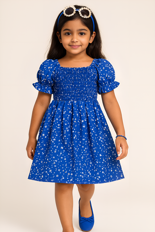 Girls Blue Floral Dress – Puff Sleeve Smocked Cotton Dress for Toddlers & Little Girls – Summer Twirl Party Outfit