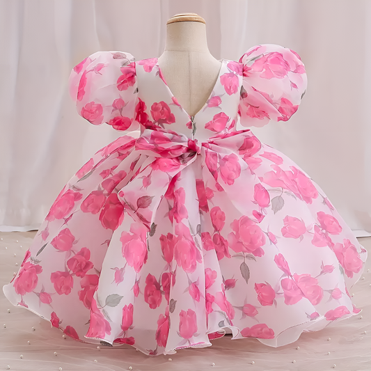 Baby Frock for Girls – Pink Floral Organza Puff Sleeve Dress for Parties