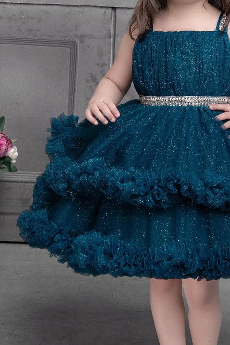 Cutedoll Teal Blue Net Sparkle Kids Girls Party Dress