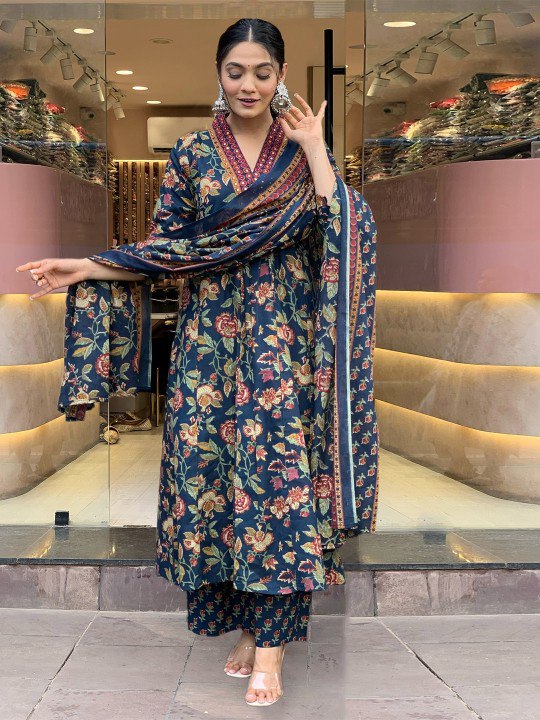 Women's Navy Blue Floral Printed Anarkali Kurta with Dupatta Set – Elegant Ethnic Wear for Festive & Casual Occasions