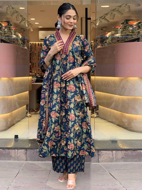 Women's Navy Blue Floral Printed Anarkali Kurta with Dupatta Set – Elegant Ethnic Wear for Festive & Casual Occasions