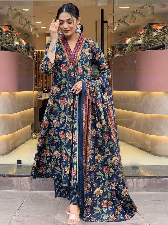 Women's Navy Blue Floral Printed Anarkali Kurta with Dupatta Set – Elegant Ethnic Wear for Festive & Casual Occasions
