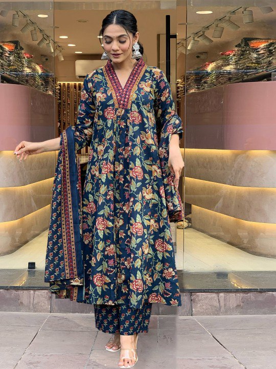 Women's Navy Blue Floral Printed Anarkali Kurta with Dupatta Set – Elegant Ethnic Wear for Festive & Casual Occasions