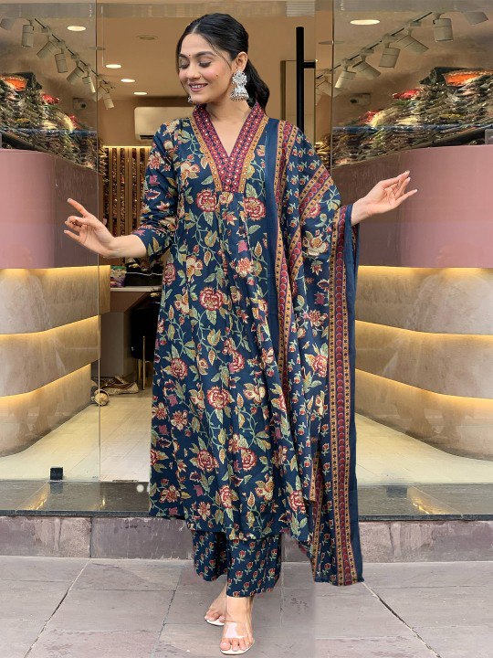 Women's Navy Blue Floral Printed Anarkali Kurta with Dupatta Set – Elegant Ethnic Wear for Festive & Casual Occasions