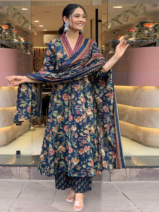 Women's Navy Blue Floral Printed Anarkali Kurta with Dupatta Set – Elegant Ethnic Wear for Festive & Casual Occasions