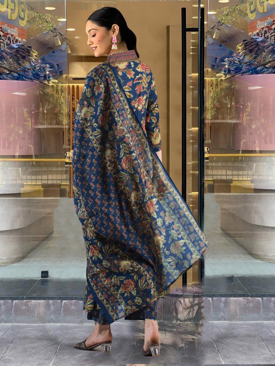 Women's Navy Blue Floral Printed Anarkali Kurta with Dupatta Set – Elegant Ethnic Wear for Festive & Casual Occasions