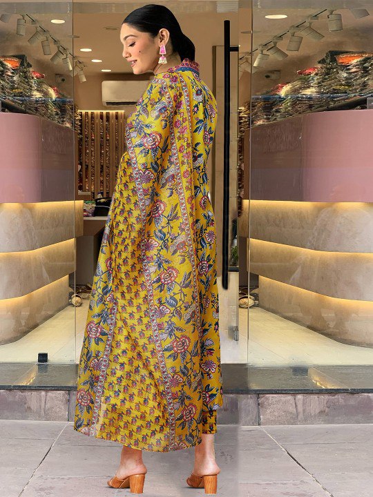  Women's Yellow Floral Printed Anarkali Kurta with Dupatta Set – Stylish Ethnic Wear for Festive & Casual Occasions