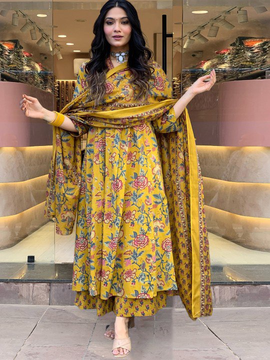  Women's Yellow Floral Printed Anarkali Kurta with Dupatta Set – Stylish Ethnic Wear for Festive & Casual Occasions