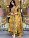  Women's Yellow Floral Printed Anarkali Kurta with Dupatta Set – Stylish Ethnic Wear for Festive & Casual Occasions