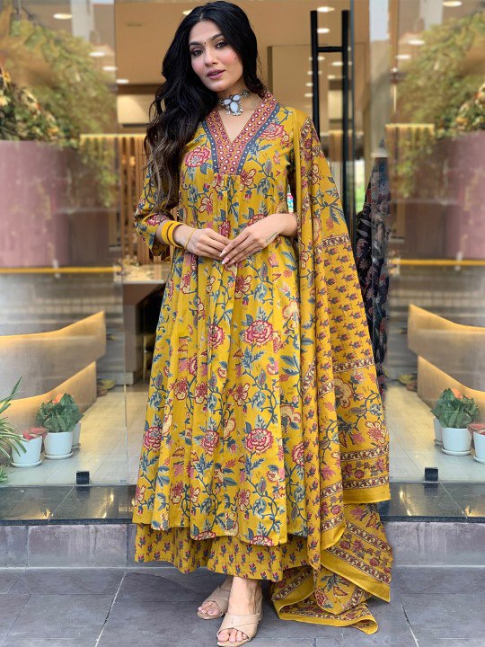  Women's Yellow Floral Printed Anarkali Kurta with Dupatta Set – Stylish Ethnic Wear for Festive & Casual Occasions