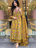  Women's Yellow Floral Printed Anarkali Kurta with Dupatta Set – Stylish Ethnic Wear for Festive & Casual Occasions