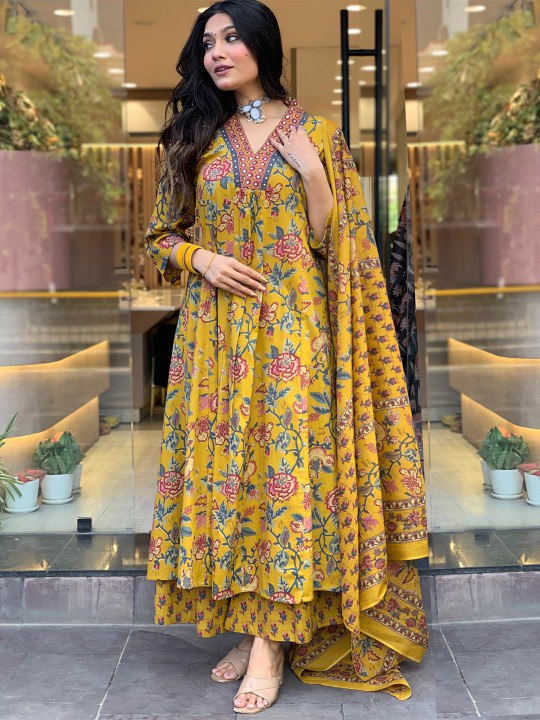 Women's Yellow Floral Printed Anarkali Kurta with Dupatta Set – Stylish Ethnic Wear for Festive & Casual Occasions