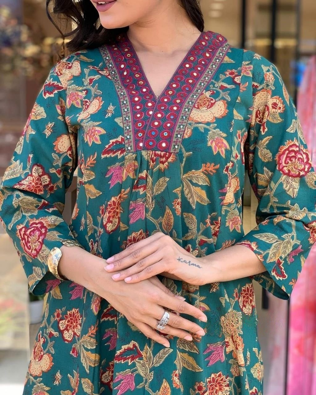 Women's Green Floral Printed Anarkali Kurta with Dupatta Set – Elegant Ethnic Wear for Festive & Casual Occasions