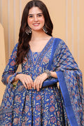 Women's Blue Floral Printed Anarkali Kurta with Dupatta Set – Stylish & Elegant Ethnic Wear for Festive & Casual Occasions