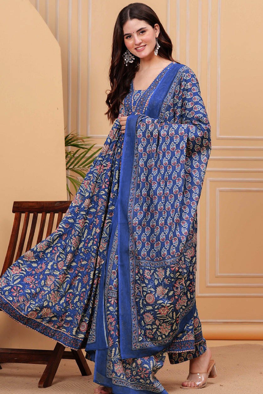 Women's Blue Floral Printed Anarkali Kurta with Dupatta Set – Stylish & Elegant Ethnic Wear for Festive & Casual Occasions