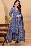 Women's Blue Floral Printed Anarkali Kurta with Dupatta Set – Stylish & Elegant Ethnic Wear for Festive & Casual Occasions