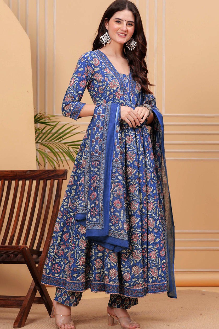Women's Blue Floral Printed Anarkali Kurta with Dupatta Set – Stylish & Elegant Ethnic Wear for Festive & Casual Occasions