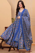 Women's Blue Floral Printed Anarkali Kurta with Dupatta Set – Stylish & Elegant Ethnic Wear for Festive & Casual Occasions