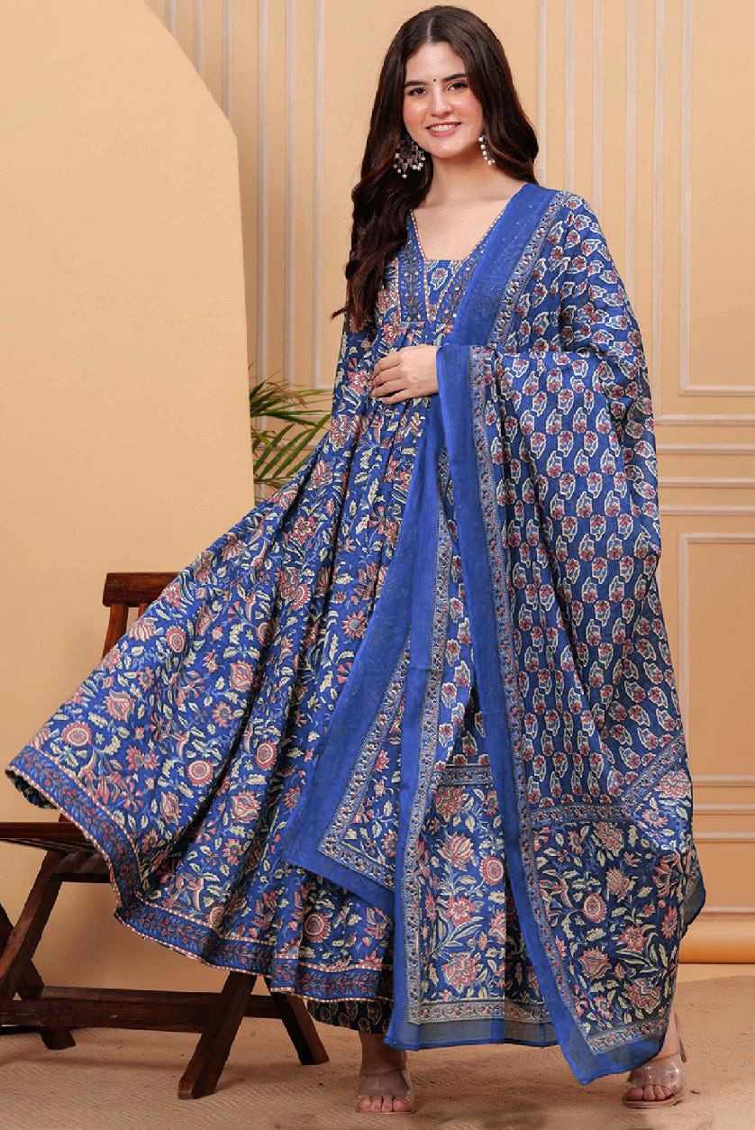 Women's Blue Floral Printed Anarkali Kurta with Dupatta Set – Stylish & Elegant Ethnic Wear for Festive & Casual Occasions