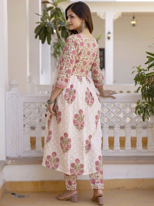 Women's Pink Floral Printed Anarkali Kurta with Pant & Dupatta Set – Comfortable Ethnic Wear for Casual & Festive Occasions