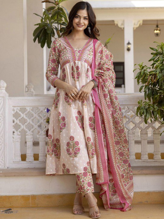Women's Pink Floral Printed Anarkali Kurta with Pant & Dupatta Set – Comfortable Ethnic Wear for Casual & Festive Occasions