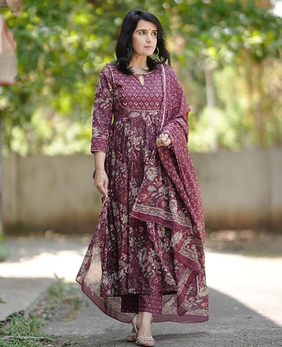  Women's Maroon Printed Anarkali Kurta with Dupatta Set – Ethnic Wear for Casual & Festive Occasions