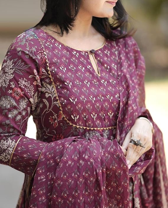  Women's Maroon Printed Anarkali Kurta with Dupatta Set – Ethnic Wear for Casual & Festive Occasions